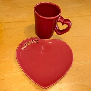 William Sonoma heart mug with matching heart plate